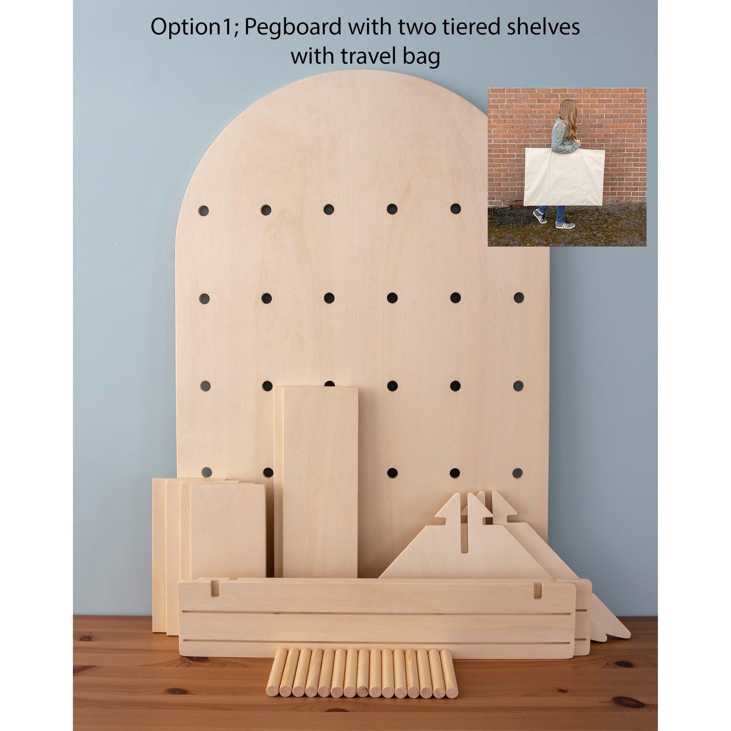 Curved Table Top Pegboard Display Stand with Tiered Shelving