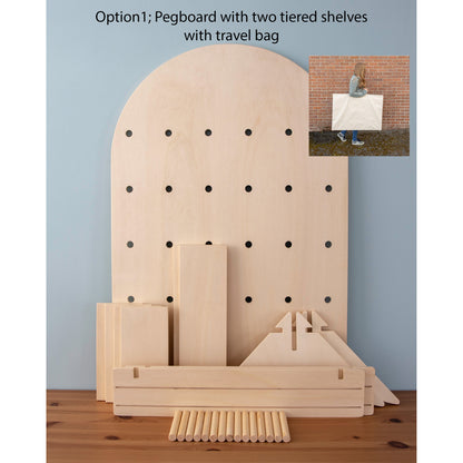 Curved Table Top Pegboard Display Stand with Tiered Shelving