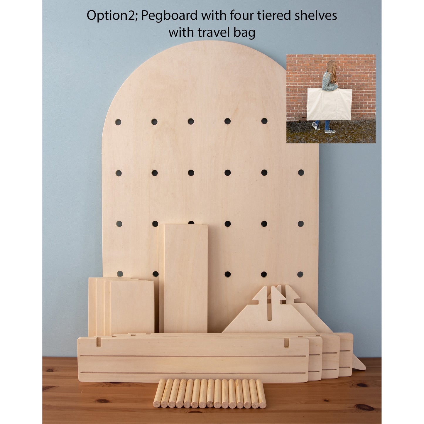 Curved Table Top Pegboard Display Stand with Tiered Shelving