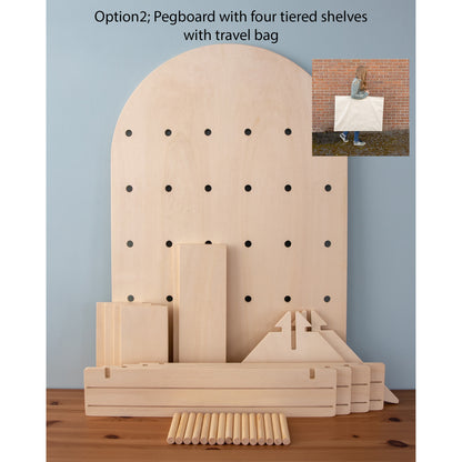 Curved Table Top Pegboard Display Stand with Tiered Shelving