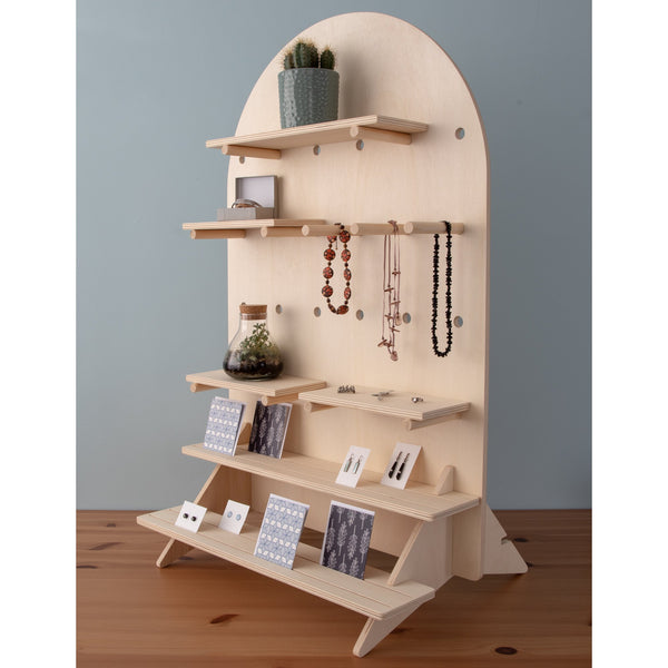 Curved Table Top Pegboard Display Stand with Tiered Shelving