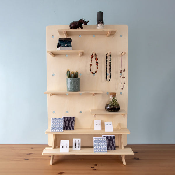 Rectangular Table Top Pegboard Display Stand with Tiered Shelving